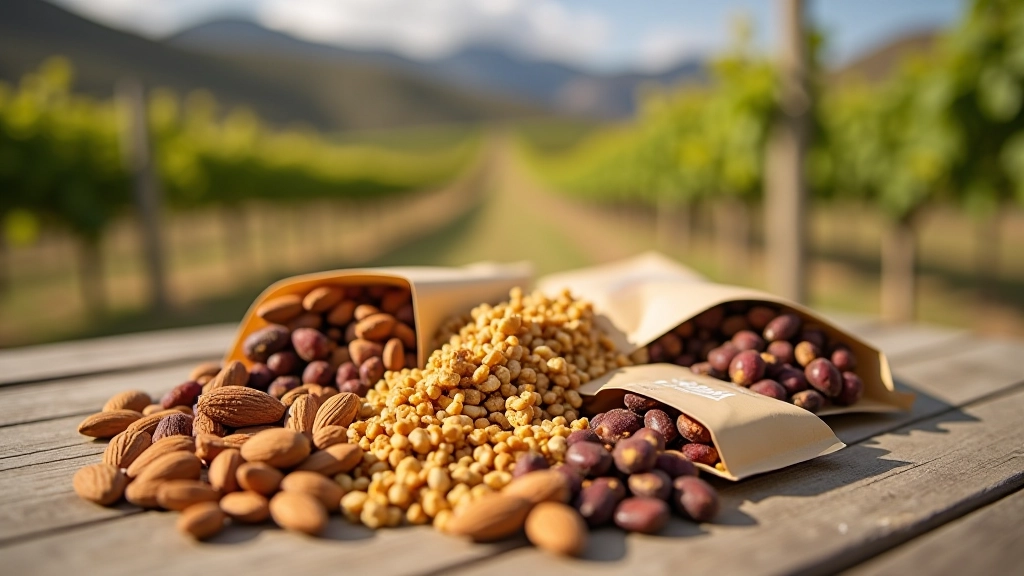 Variedad de snacks de trekking: nueces, frutos secos, barras de cereal y frutas deshidratadas en bolsas pequeñas