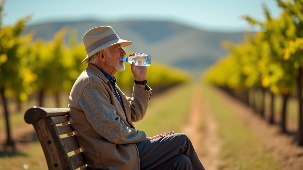 Persona mayor hidratándose durante un descanso en el viñedo