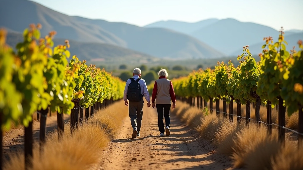 Caminata por viñedos con montañas de fondo