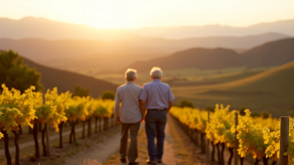 Pareja mayor en un mirador con vista panorámica de los viñedos
