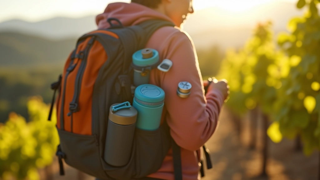 Botellas de agua reutilizables en una mochila de senderismo junto a snacks y un sombrero de ala ancha