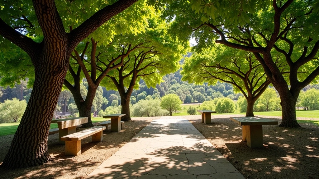 Zona de descanso sombreada bajo árboles nativos