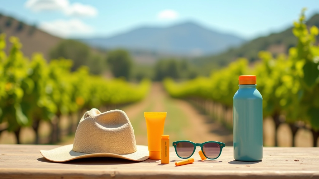 Artículos de protección solar dispuestos en una mochila: tubo de protector solar, sombrero de ala ancha, lentes de sol y bálsamo labial