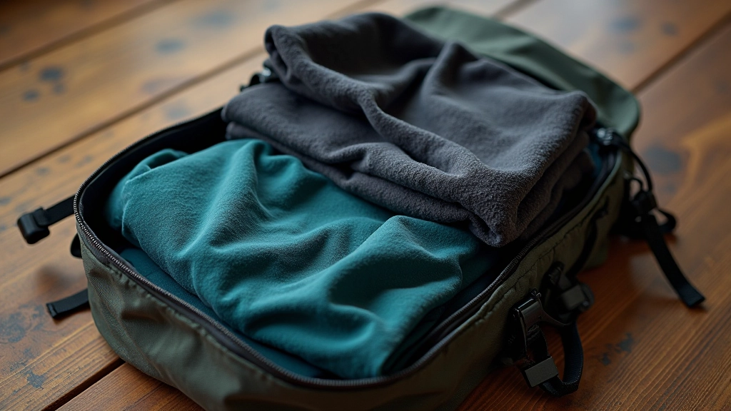 Mochila de trekking abierta mostrando ropa en capas: remera, buzo ligero y pantalones de senderismo organizados