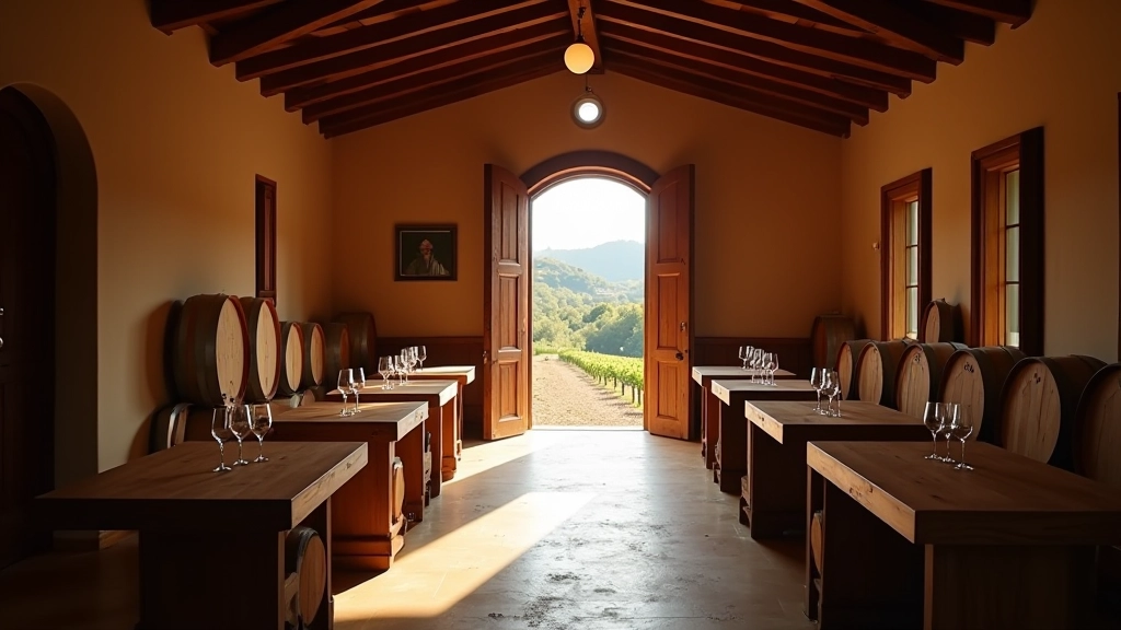 Interior de bodega con mesas de madera y copas de vino en una sala con piso parejo y buena iluminación