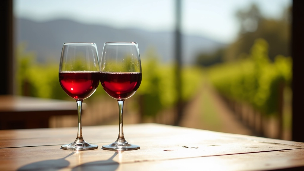 Detalle de copas de vino blanco y tinto sobre una mesa de bodega con vista de viñedos al fondo